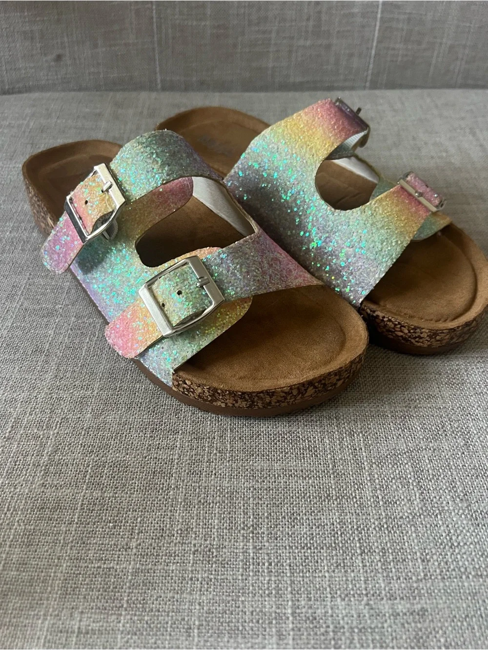 MIA Girls summer glam pastel rainbow Glitter Double-Buckle Sandals, kids size 3